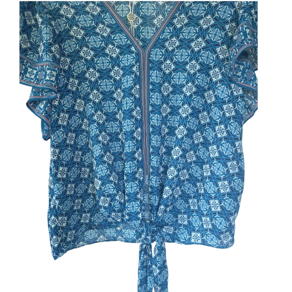 Max Studio Coastal Boho Tile Print Tie Front Blouse M Flutter Sleeve Summer NWT - Picture 5 of 10